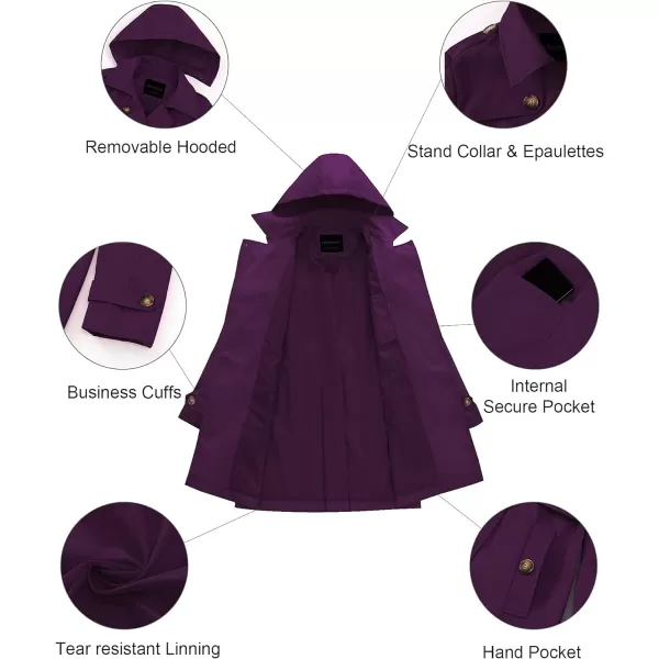 CREATMO US Womens Trench Coat DoubleBreasted Classic Lapel Overcoat Belted Slim Outerwear Coat with Detachable HoodPurple