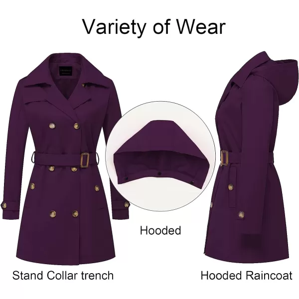 CREATMO US Womens Trench Coat DoubleBreasted Classic Lapel Overcoat Belted Slim Outerwear Coat with Detachable HoodPurple