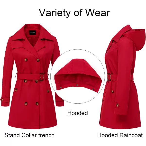 CREATMO US Womens Trench Coat DoubleBreasted Classic Lapel Overcoat Belted Slim Outerwear Coat with Detachable HoodRed