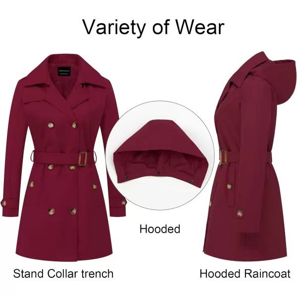 CREATMO US Womens Trench Coat DoubleBreasted Classic Lapel Overcoat Belted Slim Outerwear Coat with Detachable HoodWine Red