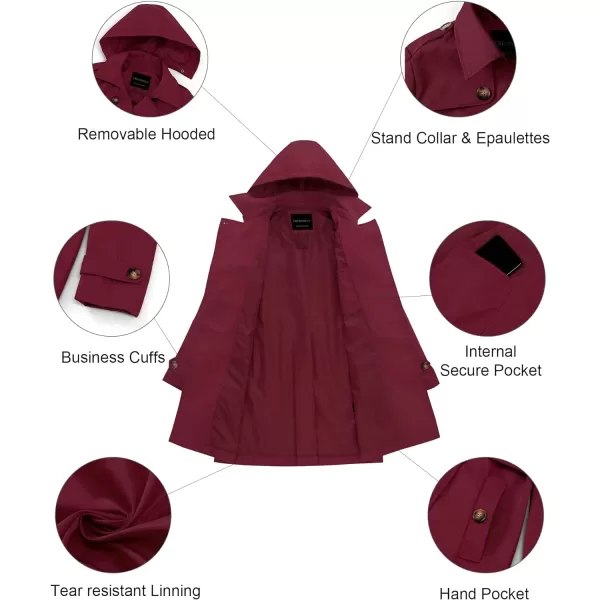 CREATMO US Womens Trench Coat DoubleBreasted Classic Lapel Overcoat Belted Slim Outerwear Coat with Detachable HoodWine Red