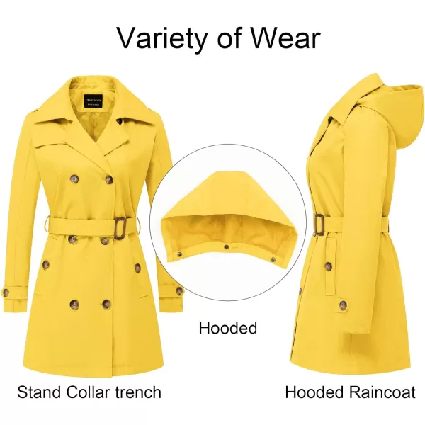 CREATMO US Womens Trench Coat DoubleBreasted Classic Lapel Overcoat Belted Slim Outerwear Coat with Detachable HoodYellow