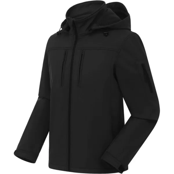 CREATMO US Mens Softshell Military Jacket With Removable Hood Fleece Lined and Water Repellent Outdoor Reflective CoatBlack