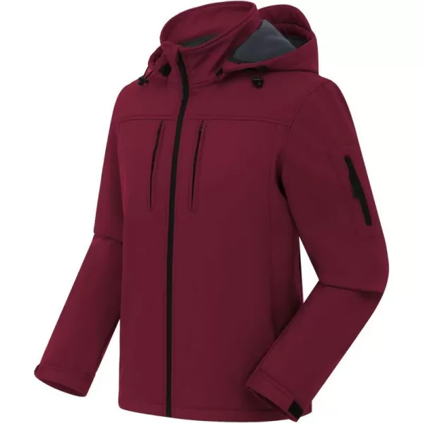 CREATMO US Mens Softshell Military Jacket With Removable Hood Fleece Lined and Water Repellent Outdoor Reflective CoatBurgundy