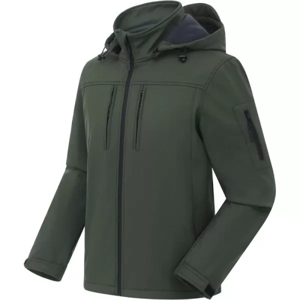 CREATMO US Mens Softshell Military Jacket With Removable Hood Fleece Lined and Water Repellent Outdoor Reflective CoatGreen