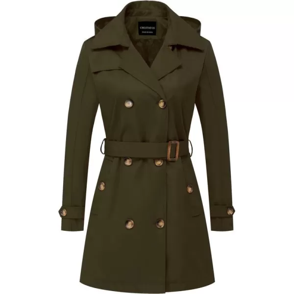 CREATMO US Womens Trench Coat DoubleBreasted Classic Lapel Overcoat Belted Slim Outerwear Coat with Detachable HoodArmy Green