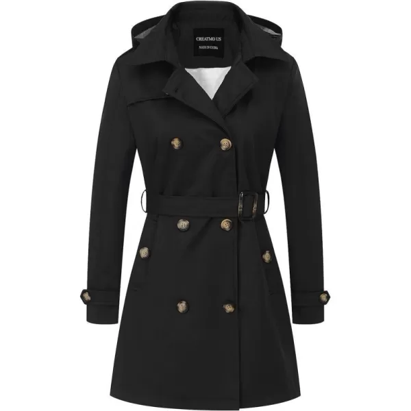 CREATMO US Womens Trench Coat DoubleBreasted Classic Lapel Overcoat Belted Slim Outerwear Coat with Detachable HoodBlack