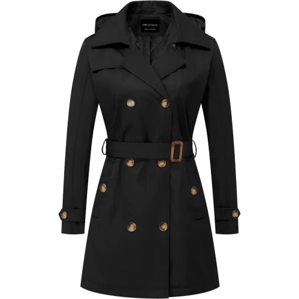 CREATMO US Womens Trench Coat DoubleBreasted Classic Lapel Overcoat Belted Slim Outerwear Coat with Detachable HoodBlack Padding Lined