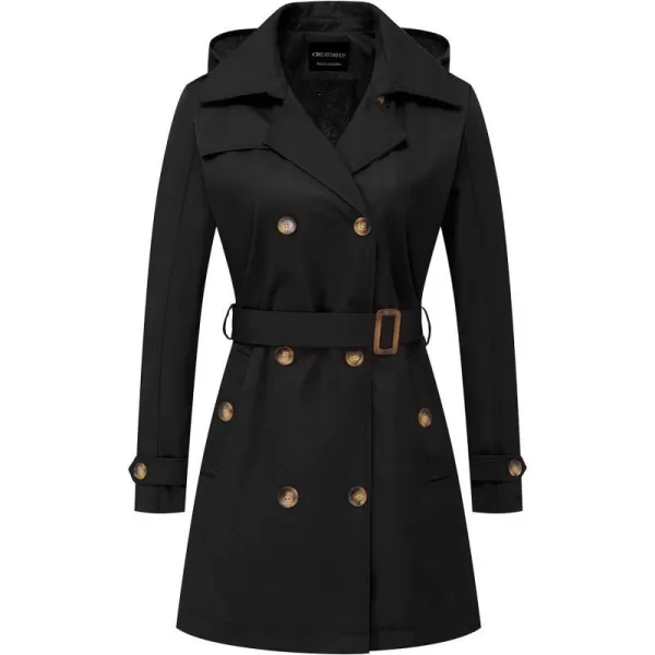 CREATMO US Womens Trench Coat DoubleBreasted Classic Lapel Overcoat Belted Slim Outerwear Coat with Detachable HoodBlack Velvet Lined