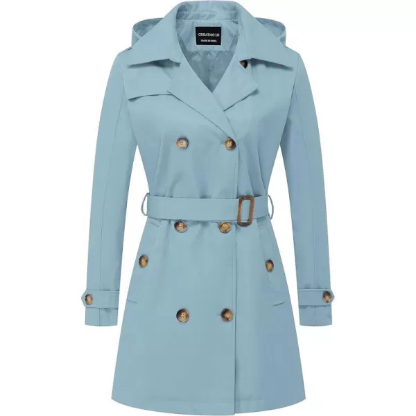 CREATMO US Womens Trench Coat DoubleBreasted Classic Lapel Overcoat Belted Slim Outerwear Coat with Detachable HoodBlue