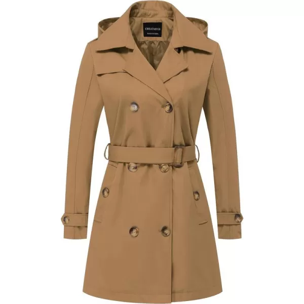 CREATMO US Womens Trench Coat DoubleBreasted Classic Lapel Overcoat Belted Slim Outerwear Coat with Detachable HoodCamel