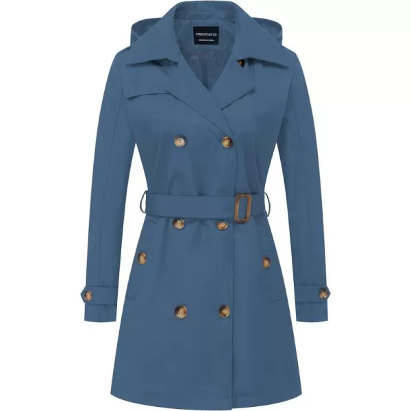 CREATMO US Womens Trench Coat DoubleBreasted Classic Lapel Overcoat Belted Slim Outerwear Coat with Detachable HoodDark Blue