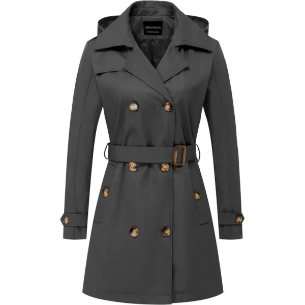 CREATMO US Womens Trench Coat DoubleBreasted Classic Lapel Overcoat Belted Slim Outerwear Coat with Detachable HoodGrey