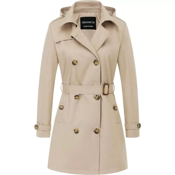 CREATMO US Womens Trench Coat DoubleBreasted Classic Lapel Overcoat Belted Slim Outerwear Coat with Detachable HoodKhaki