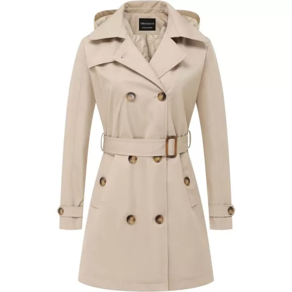 CREATMO US Womens Trench Coat DoubleBreasted Classic Lapel Overcoat Belted Slim Outerwear Coat with Detachable HoodKhaki Padding Lined