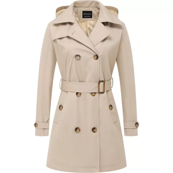 CREATMO US Womens Trench Coat DoubleBreasted Classic Lapel Overcoat Belted Slim Outerwear Coat with Detachable HoodKhaki Velvet Lined