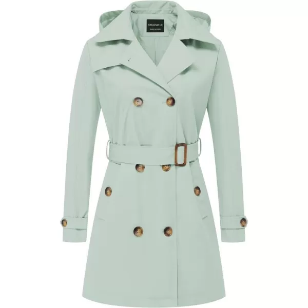 CREATMO US Womens Trench Coat DoubleBreasted Classic Lapel Overcoat Belted Slim Outerwear Coat with Detachable HoodLight Green