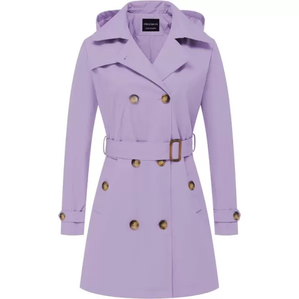 CREATMO US Womens Trench Coat DoubleBreasted Classic Lapel Overcoat Belted Slim Outerwear Coat with Detachable HoodLight Purple