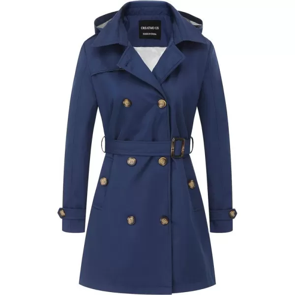 CREATMO US Womens Trench Coat DoubleBreasted Classic Lapel Overcoat Belted Slim Outerwear Coat with Detachable HoodNavy Blue