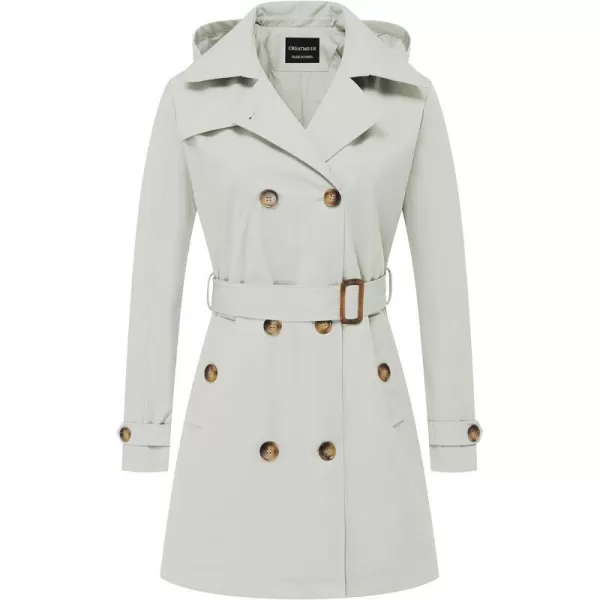 CREATMO US Womens Trench Coat DoubleBreasted Classic Lapel Overcoat Belted Slim Outerwear Coat with Detachable HoodOffwhite