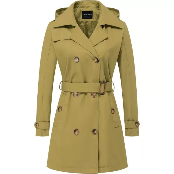 CREATMO US Womens Trench Coat DoubleBreasted Classic Lapel Overcoat Belted Slim Outerwear Coat with Detachable HoodOlive Yellow