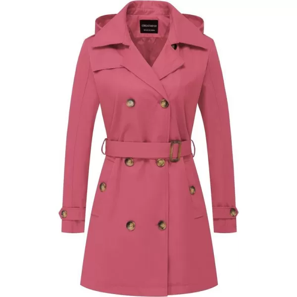 CREATMO US Womens Trench Coat DoubleBreasted Classic Lapel Overcoat Belted Slim Outerwear Coat with Detachable HoodPink