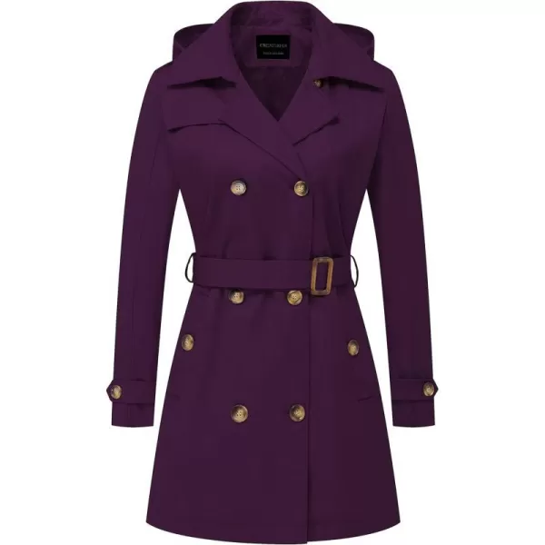 CREATMO US Womens Trench Coat DoubleBreasted Classic Lapel Overcoat Belted Slim Outerwear Coat with Detachable HoodPurple