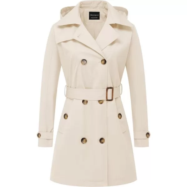 CREATMO US Womens Trench Coat DoubleBreasted Classic Lapel Overcoat Belted Slim Outerwear Coat with Detachable HoodWhite