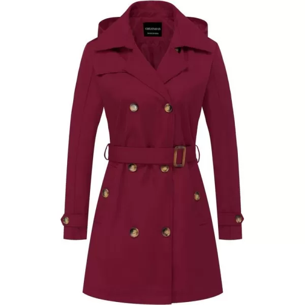 CREATMO US Womens Trench Coat DoubleBreasted Classic Lapel Overcoat Belted Slim Outerwear Coat with Detachable HoodWine Red