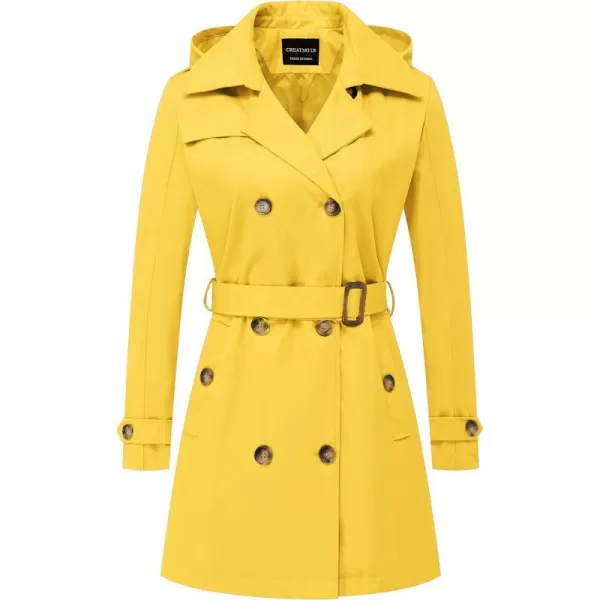 CREATMO US Womens Trench Coat DoubleBreasted Classic Lapel Overcoat Belted Slim Outerwear Coat with Detachable HoodYellow