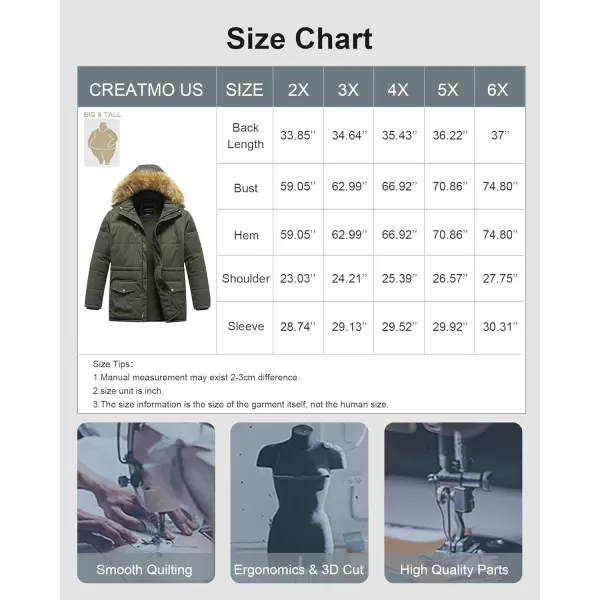 CREATMO US Mens Big and Tall Winter Coat Waterprpoof Long Puffer Jacket Thicken Parka with Removable Fur HoodedArmy Green