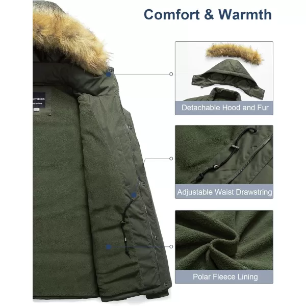 CREATMO US Mens Big and Tall Winter Coat Waterprpoof Long Puffer Jacket Thicken Parka with Removable Fur HoodedArmy Green