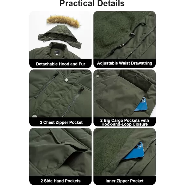 CREATMO US Mens Big and Tall Winter Coat Waterprpoof Long Puffer Jacket Thicken Parka with Removable Fur HoodedArmy Green