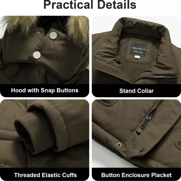 CREATMO US Mens Big and Tall Winter Coat Waterprpoof Long Puffer Jacket Thicken Parka with Removable Fur HoodedBrown