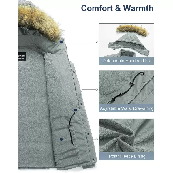 CREATMO US Mens Big and Tall Winter Coat Waterprpoof Long Puffer Jacket Thicken Parka with Removable Fur HoodedLight Grey