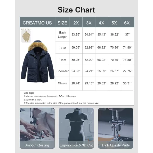 CREATMO US Mens Big and Tall Winter Coat Waterprpoof Long Puffer Jacket Thicken Parka with Removable Fur HoodedNavy Blue