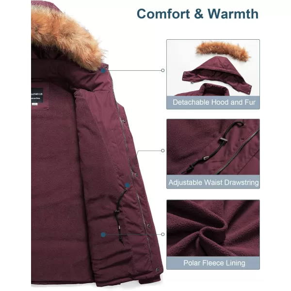 CREATMO US Mens Big and Tall Winter Coat Waterprpoof Long Puffer Jacket Thicken Parka with Removable Fur HoodedWine Red