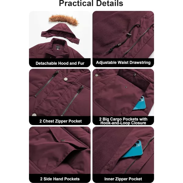 CREATMO US Mens Big and Tall Winter Coat Waterprpoof Long Puffer Jacket Thicken Parka with Removable Fur HoodedWine Red