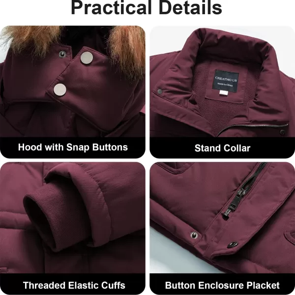 CREATMO US Mens Big and Tall Winter Coat Waterprpoof Long Puffer Jacket Thicken Parka with Removable Fur HoodedWine Red