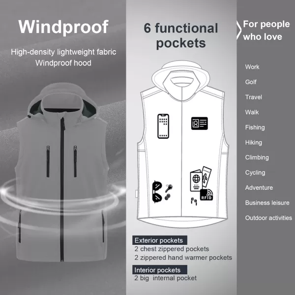 CREATMO US Mens Casual Lightweight Warm Thin Outerwear Vest Windbreaker Sleeveless Jacket With Removable HoodLight Grey