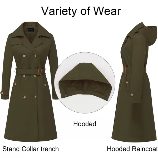 CREATMO US Womens Long Trench Coat DoubleBreasted Classic Lapel Overcoat Belted Slim Outerwear Coat with Detachable HoodArmy Green