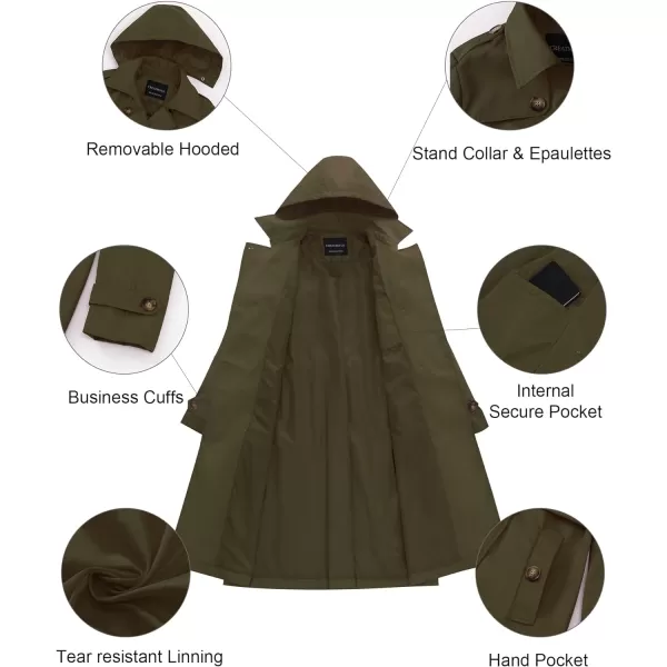 CREATMO US Womens Long Trench Coat DoubleBreasted Classic Lapel Overcoat Belted Slim Outerwear Coat with Detachable HoodArmy Green