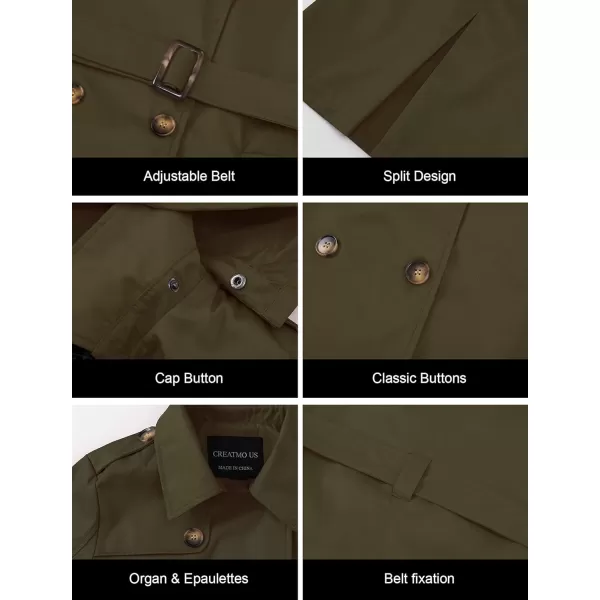 CREATMO US Womens Long Trench Coat DoubleBreasted Classic Lapel Overcoat Belted Slim Outerwear Coat with Detachable HoodArmy Green