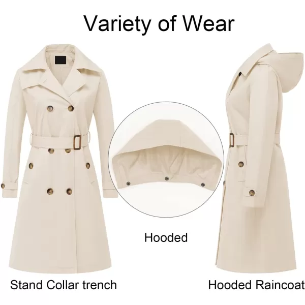 CREATMO US Womens Long Trench Coat DoubleBreasted Classic Lapel Overcoat Belted Slim Outerwear Coat with Detachable HoodBeige
