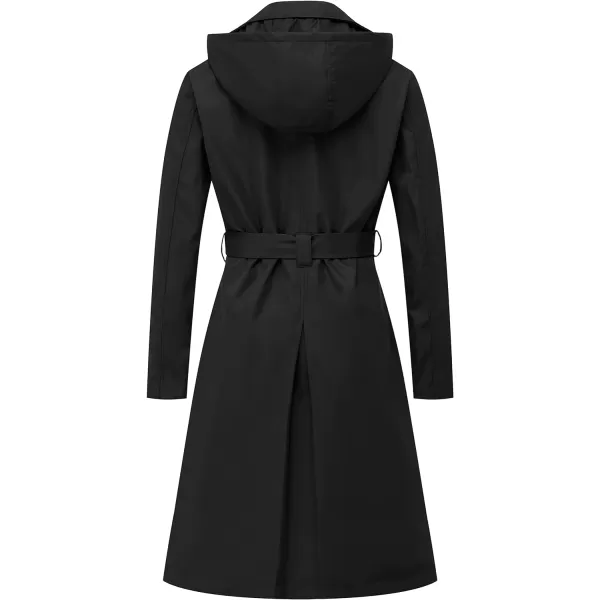 CREATMO US Womens Long Trench Coat DoubleBreasted Classic Lapel Overcoat Belted Slim Outerwear Coat with Detachable HoodBlack