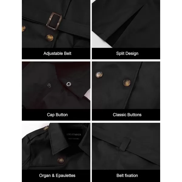CREATMO US Womens Long Trench Coat DoubleBreasted Classic Lapel Overcoat Belted Slim Outerwear Coat with Detachable HoodBlack