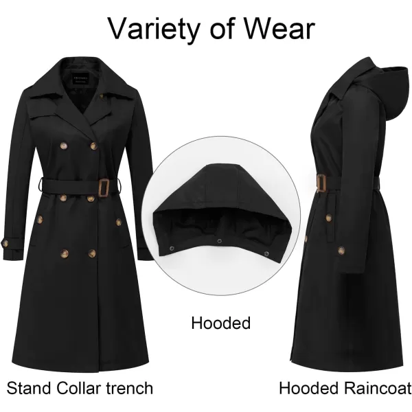 CREATMO US Womens Long Trench Coat DoubleBreasted Classic Lapel Overcoat Belted Slim Outerwear Coat with Detachable HoodBlack