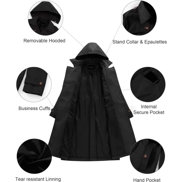 CREATMO US Womens Long Trench Coat DoubleBreasted Classic Lapel Overcoat Belted Slim Outerwear Coat with Detachable HoodBlack