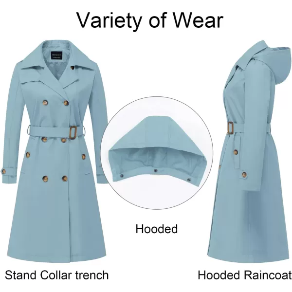 CREATMO US Womens Long Trench Coat DoubleBreasted Classic Lapel Overcoat Belted Slim Outerwear Coat with Detachable HoodBlue