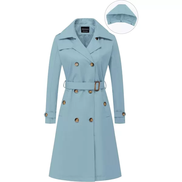 CREATMO US Womens Long Trench Coat DoubleBreasted Classic Lapel Overcoat Belted Slim Outerwear Coat with Detachable HoodBlue